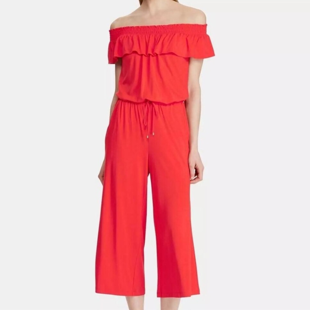 Lauren Ralph Lauren Women L Red Ruffle Off The Shoulder Cropped Jumpsuit NWOT